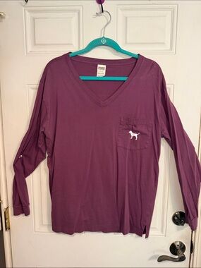 PINK Victoria's Secret Plum V-Neck Long Sleeve Pocket Tee with Dog Logo